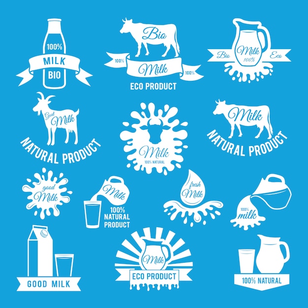 Conjunto de etiquetas de leche fresca. ilustraciones vectoriales para diseño de logo de granja.