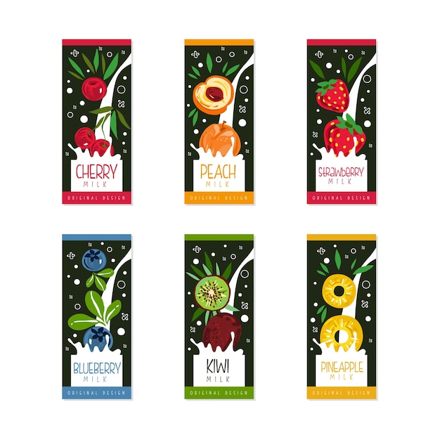 Conjunto de etiquetas de leche de frutas Insignias de productos orgánicos Cerezo melocotón fresa arándano kiwi leche de piña ilustración vectorial de dibujos animados
