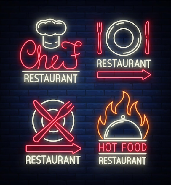 Conjunto de etiquetas de logotipos para el restaurante, el comedor, la tienda de comida, carteles de logotipos en neón.