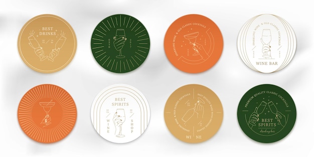 Conjunto de etiquetas y logotipos de vino de lujo con las manos en diferentes gestos Pegatina de vidrio o insignia para bar de vinos Tienda de alcohol restaurante bebida café Signos de vino de oro lineal