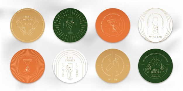 Conjunto de etiquetas y logotipos de vino de lujo con las manos en diferentes gestos pegatina de vidrio o insignia para bar de vinos tienda de alcohol restaurante bebida café signos de vino de oro lineal