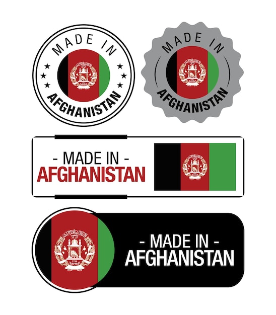 Conjunto de etiquetas Made in Afganistán, logotipo, bandera de Afganistán, emblema del producto de Afganistán