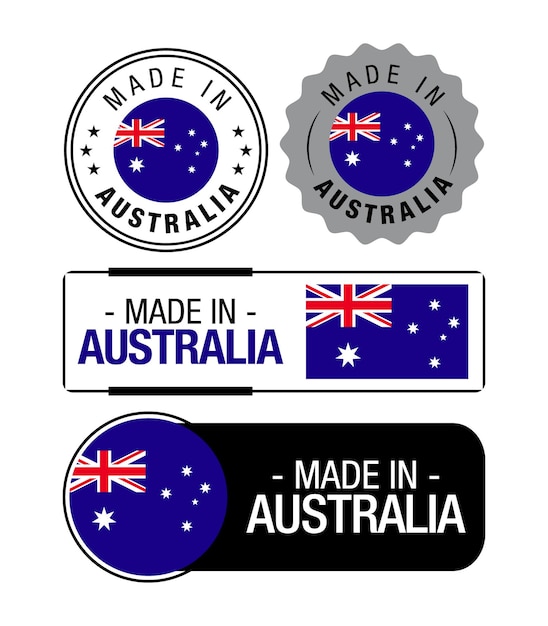 Vector conjunto de etiquetas made in australia, logotipo, bandera de australia, emblema de producto de australia