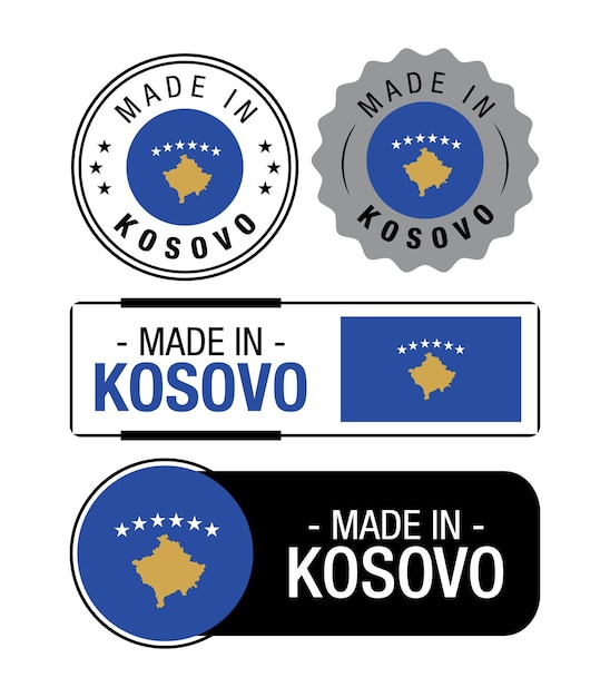 Conjunto de etiquetas Made in Kosovo, logotipo, bandera de Kosovo, emblema de producto de Kosovo. ilustración vectorial