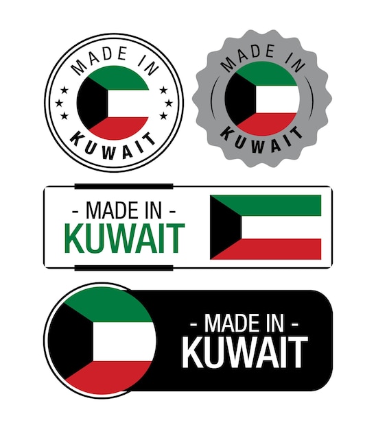 Conjunto de etiquetas Made in Kuwait, logotipo, bandera de Kuwait, emblema del producto de Kuwait. ilustración vectorial