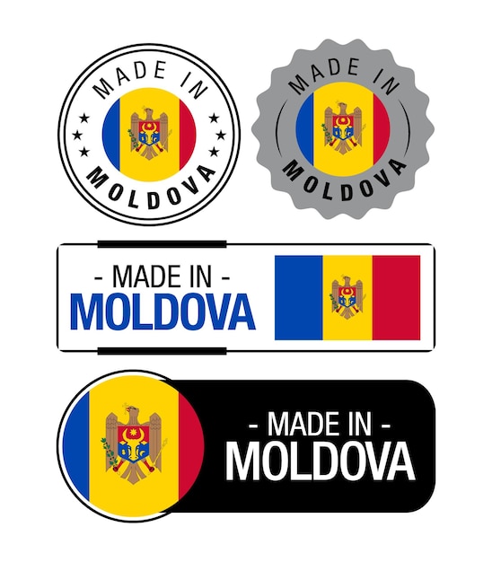 Conjunto de etiquetas Made in Moldavia, logotipo, bandera de Moldavia, emblema de producto de Moldavia. ilustración vectorial