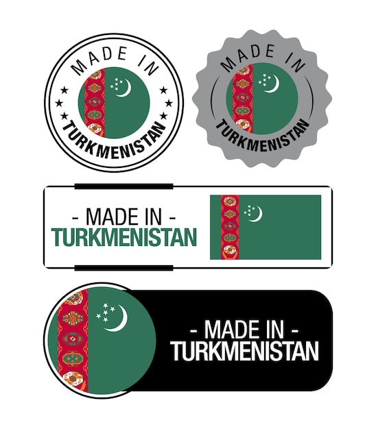 Conjunto de etiquetas made in turkmenistán, logotipo, bandera de turkmenistán, emblema del producto de turkmenistán