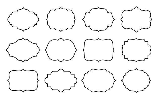 Conjunto de etiquetas marco vacío para el menú de certificado de tarjeta estilo de línea plantilla de etiqueta de forma diferente para paquete de botella de contenedor de tarro contorno en blanco para texto sobre información de venta de producto borde retro de contorno