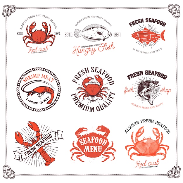 Conjunto de etiquetas de mariscos aislado sobre fondo blanco. Elemento de diseño para logotipo, etiqueta, emblema, letrero, menú, póster.