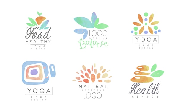 Conjunto de etiquetas de medicina natural Alimentos orgánicos centro saludable insignias de yoga ilustración vectorial