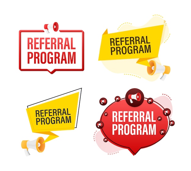 Conjunto de etiquetas de megáfono con programa de referencia de texto Banner de promoción de megáfono en mano Marketing