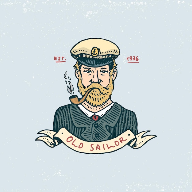 Conjunto de etiquetas o insignias antiguas dibujadas a mano vintage grabadas para un capitán con una pipa de bienvenida a bordo de marineros emblemas marinos y náuticos o marinos