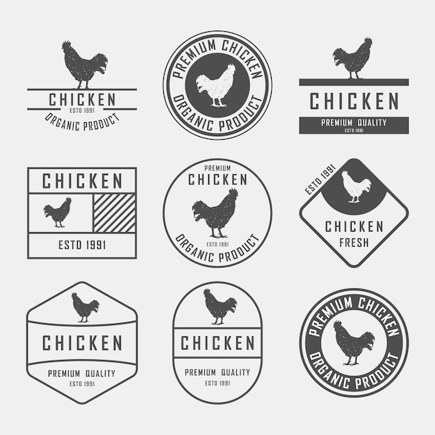 Conjunto de etiquetas de pollo, insignias y elementos de diseño.