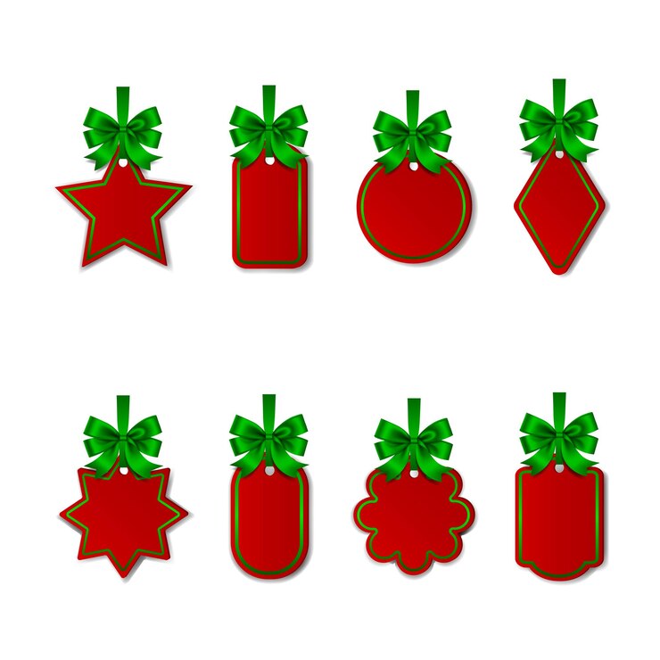 Vector conjunto de etiquetas de precio rojas vacías de navidad con arcos verdes y cintas etiquetas de regalo aisladas