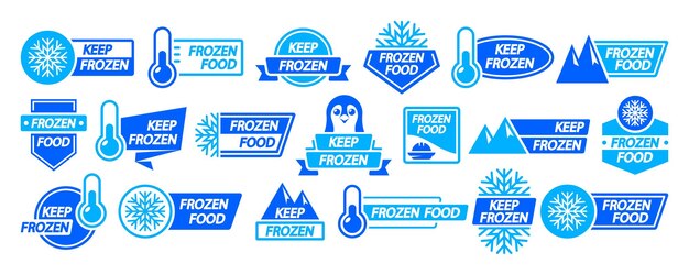 Vector conjunto de etiquetas de productos congelados con insignias para mantener congelados para paquetes almacenamiento en refrigerador y congelador pegatinas o etiquetas de alimentos congelados con copos de nieve, rocas, pingüinos y termómetros, iconos vectoriales