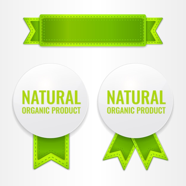 Vector conjunto de etiquetas de promoción con cintas para productos orgánicos naturales.