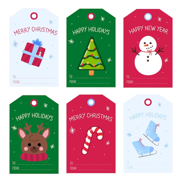 Conjunto de etiquetas de regalo en estilo de dibujos animados Ilustración vectorial de etiquetas navideñas con un árbol de regalo muñeco de nieve deera caramelo caneskates inscripciones Feliz Navidad Felices vacaciones Feliz año nuevo