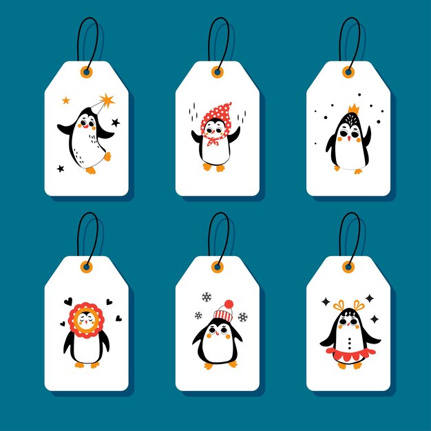 Conjunto de etiquetas de regalo de Navidad con lindos pingüinos Dibujos animados vectoriales en estilo plano