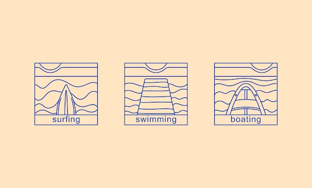 Conjunto de etiquetas y sellos de arte de línea Tipos de recreación y entretenimiento en el agua Estilo minimalista moderno Gráficos vectoriales