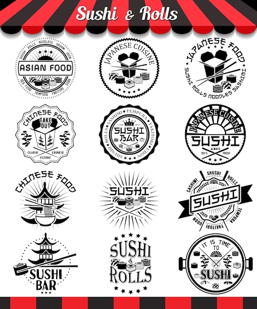 Conjunto de etiquetas de sushi y rollos. Cocina japonesa y china vector logos e insignias. Ilustración de vector de comida asiática