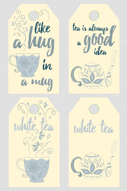 Vector conjunto de etiquetas de té blanco de dibujo a mano con sabor a hojas de té