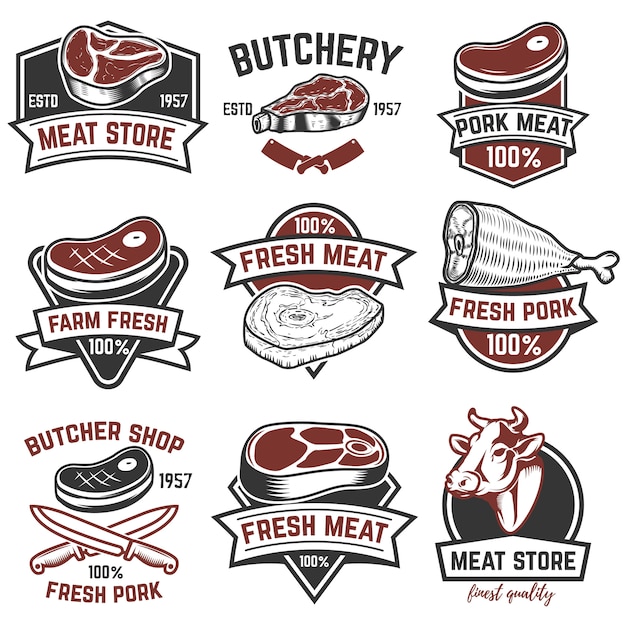 Conjunto de etiquetas de la tienda de carne. Carnicería. Elementos para logotipo, etiqueta, emblema, signo, marca. ilustración.