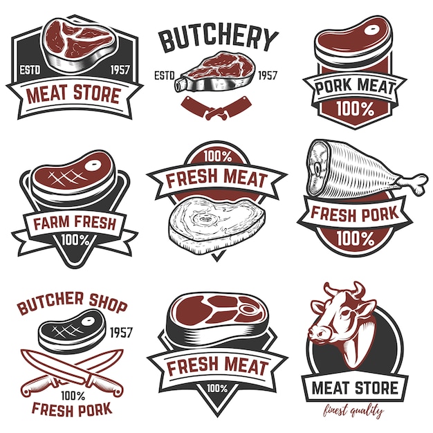 Conjunto de etiquetas de la tienda de carne. carnicería. elementos para logotipo, etiqueta, emblema, signo, marca. ilustración.