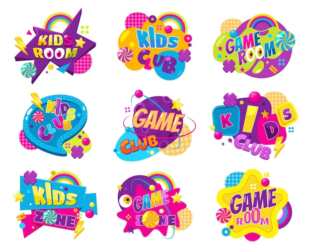 Conjunto de etiquetas vectoriales aisladas para niños o niños para sala de juegos o pegatina de zona de juegos para club infantil