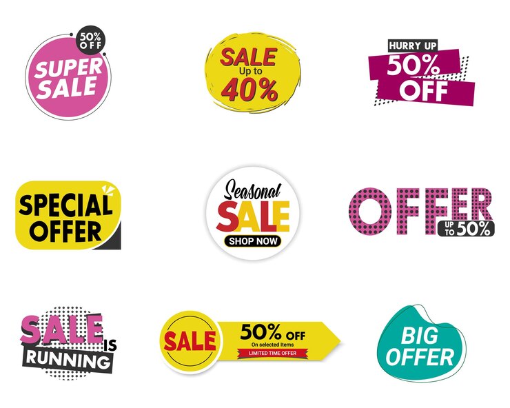 conjunto de etiquetas de venta, insignias adhesivas vectoriales para la promoción en las redes sociales y banners de ofertas