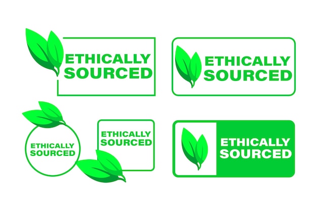 Conjunto de etiquetas verdes de origen ético con íconos de hojas para los productos