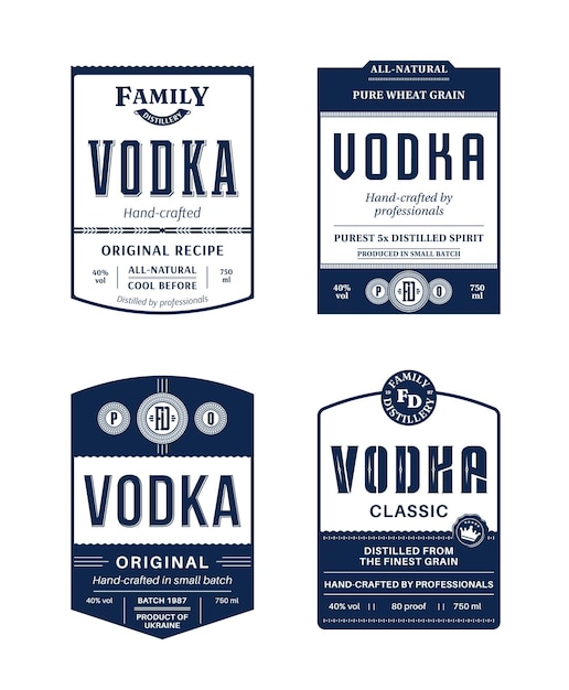 Vector conjunto de etiquetas de vodka aislado sobre un fondo blanco.