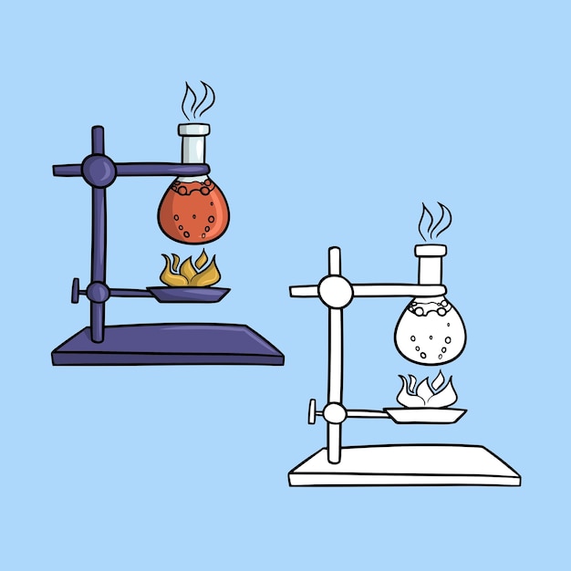 Un conjunto de un experimento químico con el calentamiento de una solución un matraz de vidrio con líquido hirviendo un vector