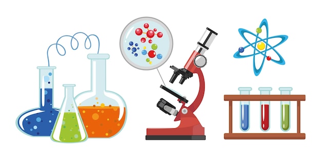 Conjunto de experimentos científicos coloridos en estilo de dibujos animados Ilustración vectorial de frascos y pociones con sustancias mixtas Microscopio con vista de diferentes moléculas fondo blanco