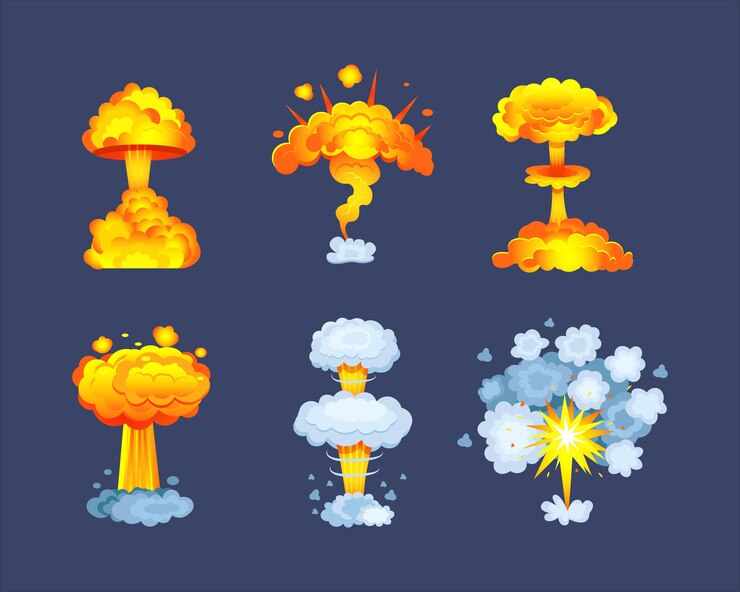 Vector conjunto de explosión de bomba nuclear. enorme explosión de fuego abstracto y nubes explotaron con fuego de llama