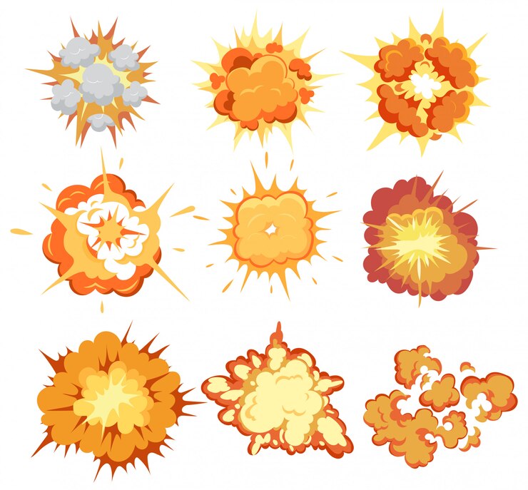 Vector conjunto de explosiones. colección de dibujos animados de explosiones de fuego. ilustración para niños.