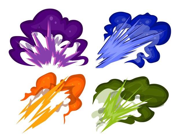 Conjunto de explosiones de rayos en estilo de dibujos animados Ilustración vectorial de hermosas explosiones con rayos de colores de diferentes formas púrpura azul amarillo verde con humo en fondo blanco