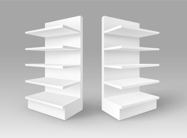 Vector conjunto de expositores comerciales vacíos en blanco blanco stands shop racks con estantes escaparates aislados sobre fondo