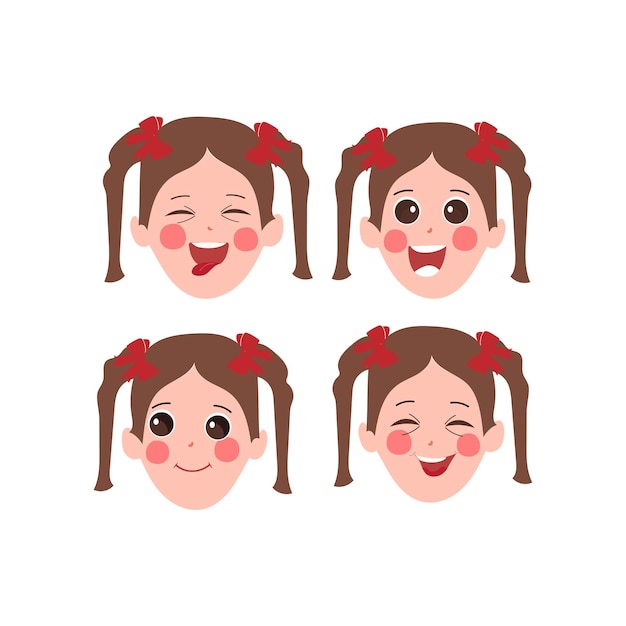 Conjunto de expresión de cara de niña de ilustraciones vectoriales de dibujos animados aisladas sobre fondo blanco