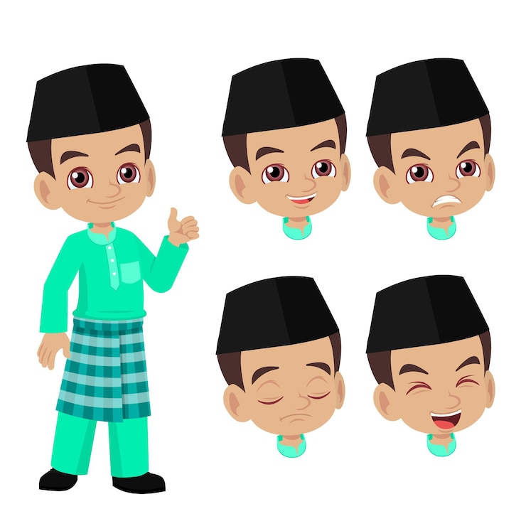 Conjunto de expresión de cara de niño de dibujos animados malayo