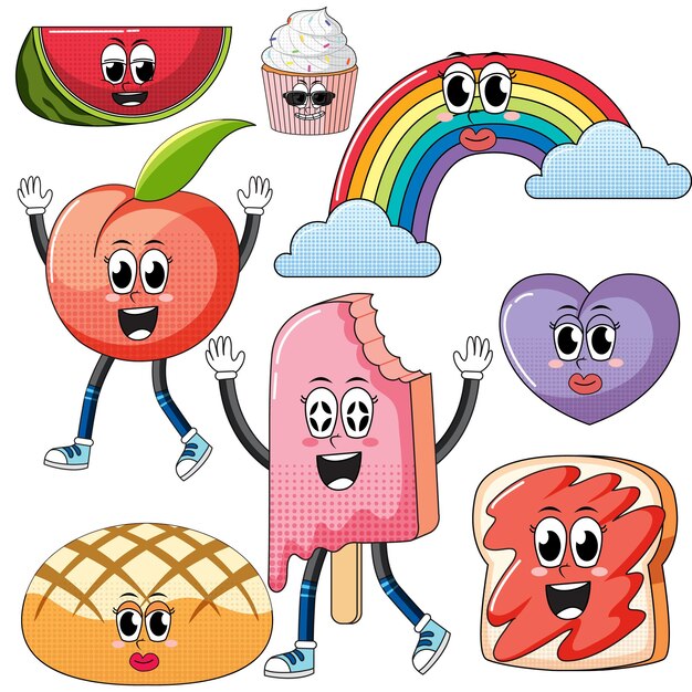 Conjunto de expresión facial con dibujos animados de comida de estilo vintage en Pentecostés
