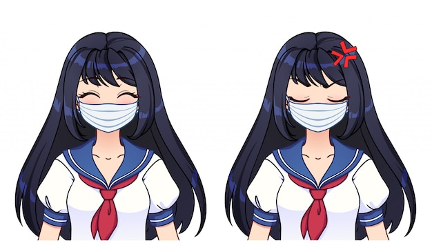 Conjunto de expresiones de anime. linda chica con el pelo largo y negro con uniforme escolar japonés azul y máscara médica. dibujado a mano ilustración vectorial aislado en blanco.