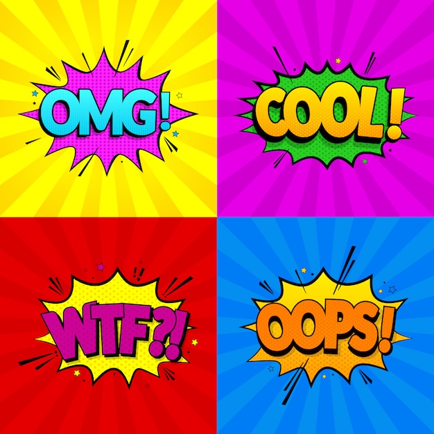 Vector conjunto de expresiones cómicas omg, cool, oops, wtf sobre fondos de colores. estilo pop art. ilustración vectorial eps 10.