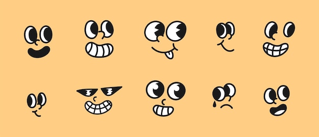 Conjunto de expresiones faciales únicas de dibujos animados con diferentes emociones Ilustración vectorial de Funny y Sa