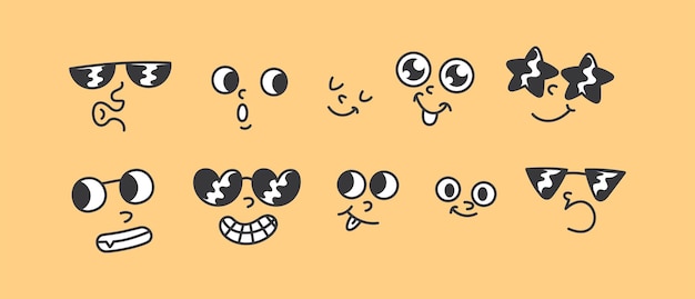 Conjunto de expresiones faciales únicas de dibujos animados con diferentes emociones