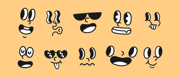 Conjunto de expresiones faciales únicas de dibujos animados con diferentes emociones