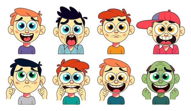 Un conjunto de expresiones vectoriales de caricaturas rostros de un joven varias emociones y poses vectorial