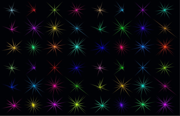 Vector conjunto, de, extracto, iluminación, brillante, bengalas, o, estrellas