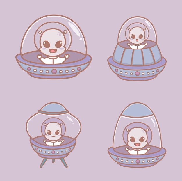 Conjunto de extraterrestres lindos en una nave espacial, extraterrestres en un ovni. ilustraciones vectoriales de dibujos animados.