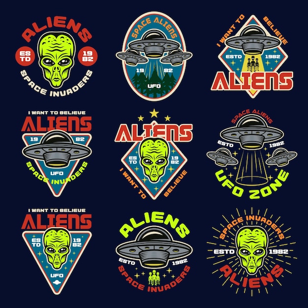 Conjunto de extraterrestres y ovnis de nueve emblemas de colores, etiquetas, insignias, pegatinas o impresiones. ilustración vectorial en estilo vintage