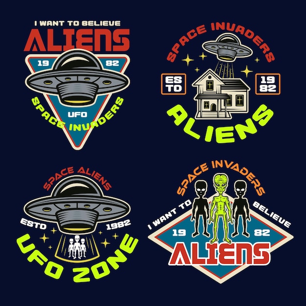 Vector conjunto de extraterrestres vectoriales y emblemas vectoriales de colores ovni, etiquetas, insignias, pegatinas o estampados de camisetas en estilo vintage sobre fondo oscuro